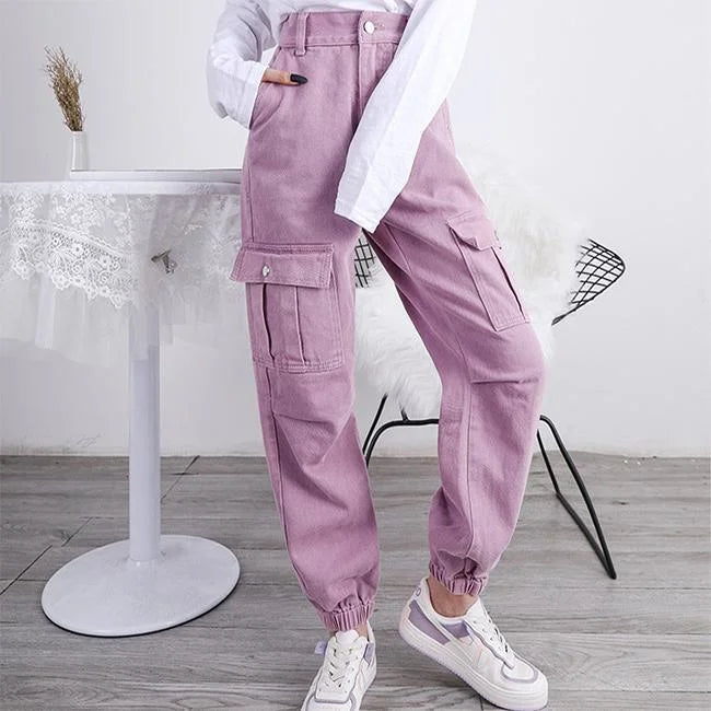 PANTALON CARGO FEMME ROSE P LE TAILLE HAUTE