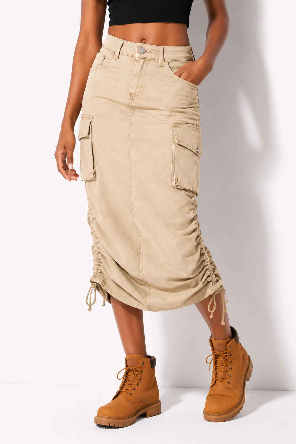 JUPE CARGO LONGUE EN JEAN beige