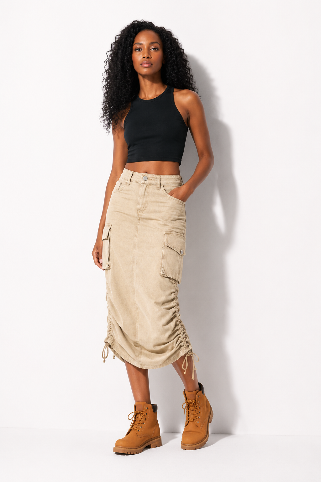 JUPE CARGO LONGUE EN JEAN beige femme
