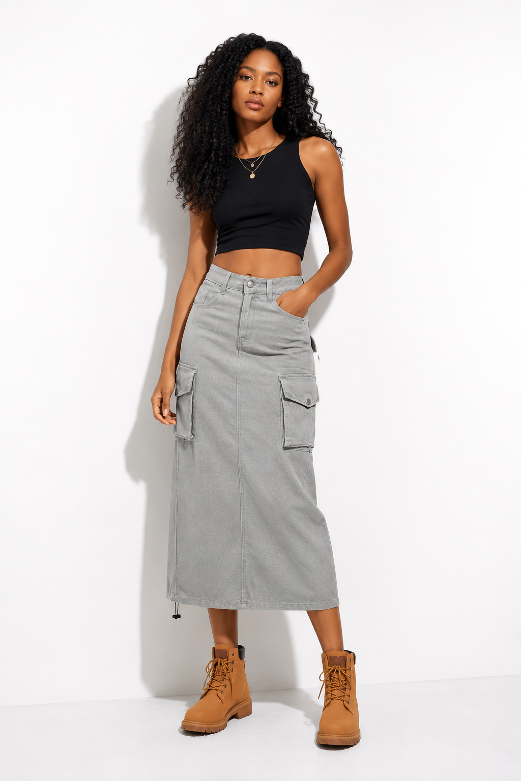 JUPE CARGO LONGUE EN JEAN gris