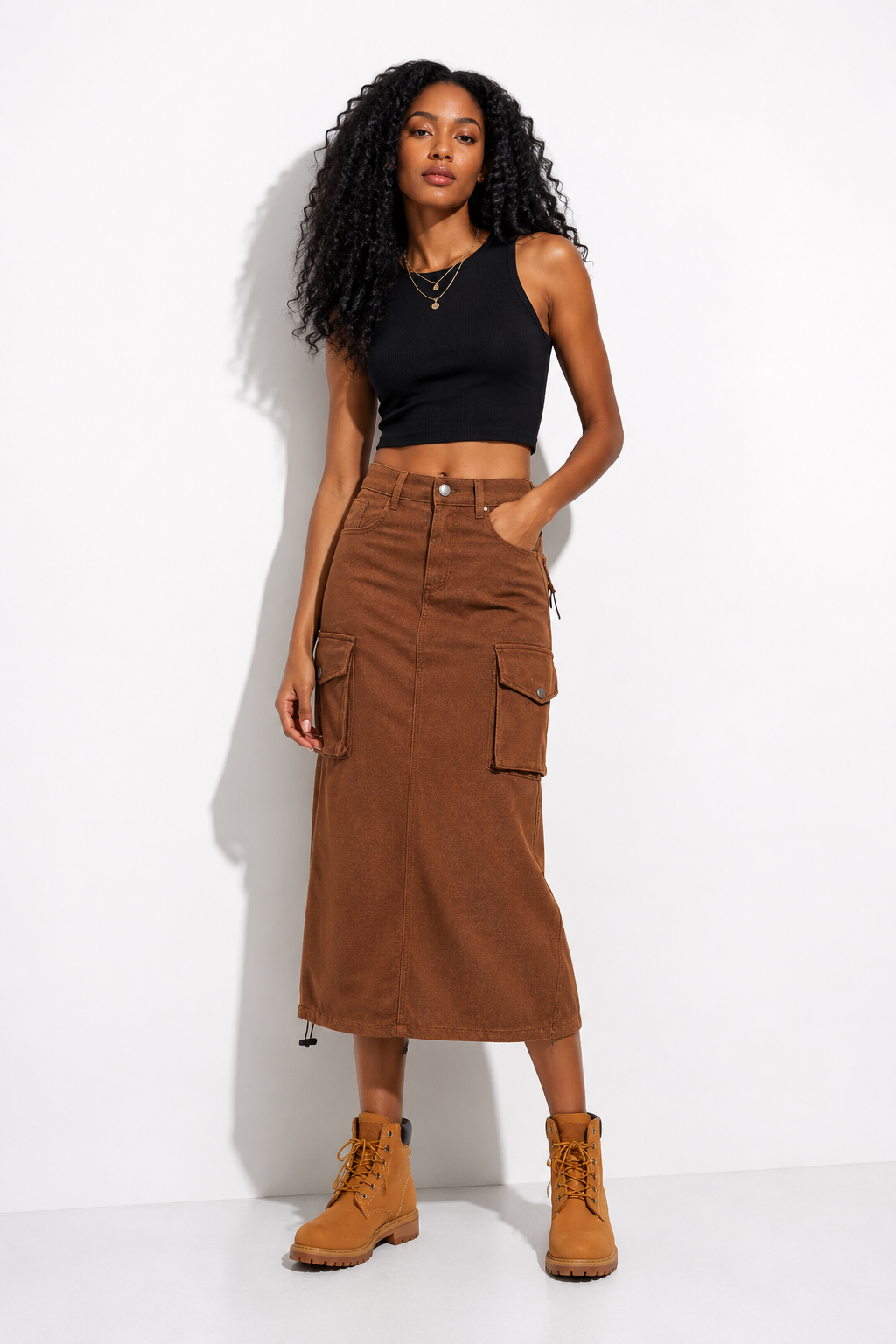 JUPE CARGO LONGUE EN JEAN marron