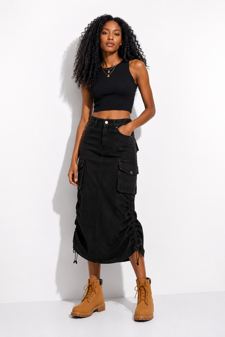 JUPE CARGO LONGUE EN JEAN noir femme