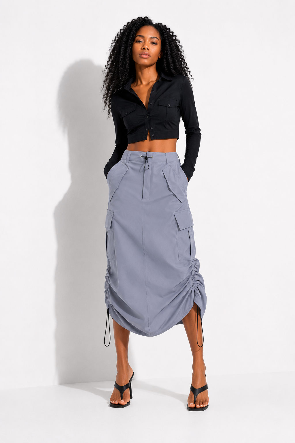 JUPE CARGO LONGUE ÉLASTIQUE bleu clair