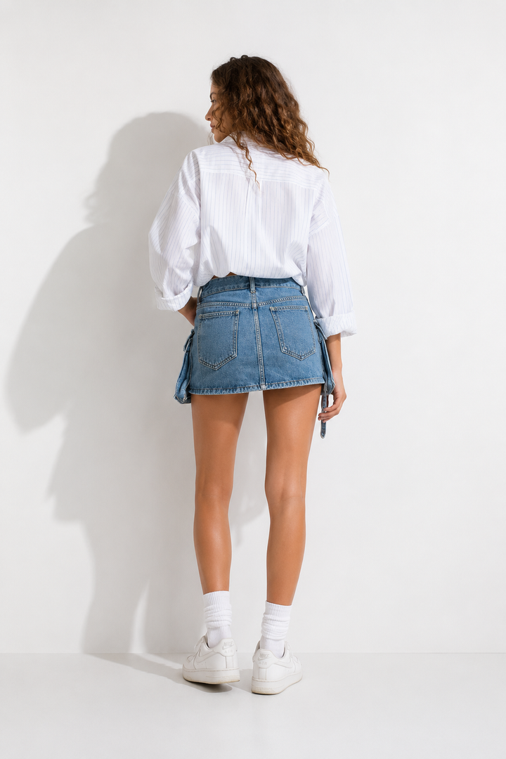 MINI JUPE CARGO EN JEAN vue de dos