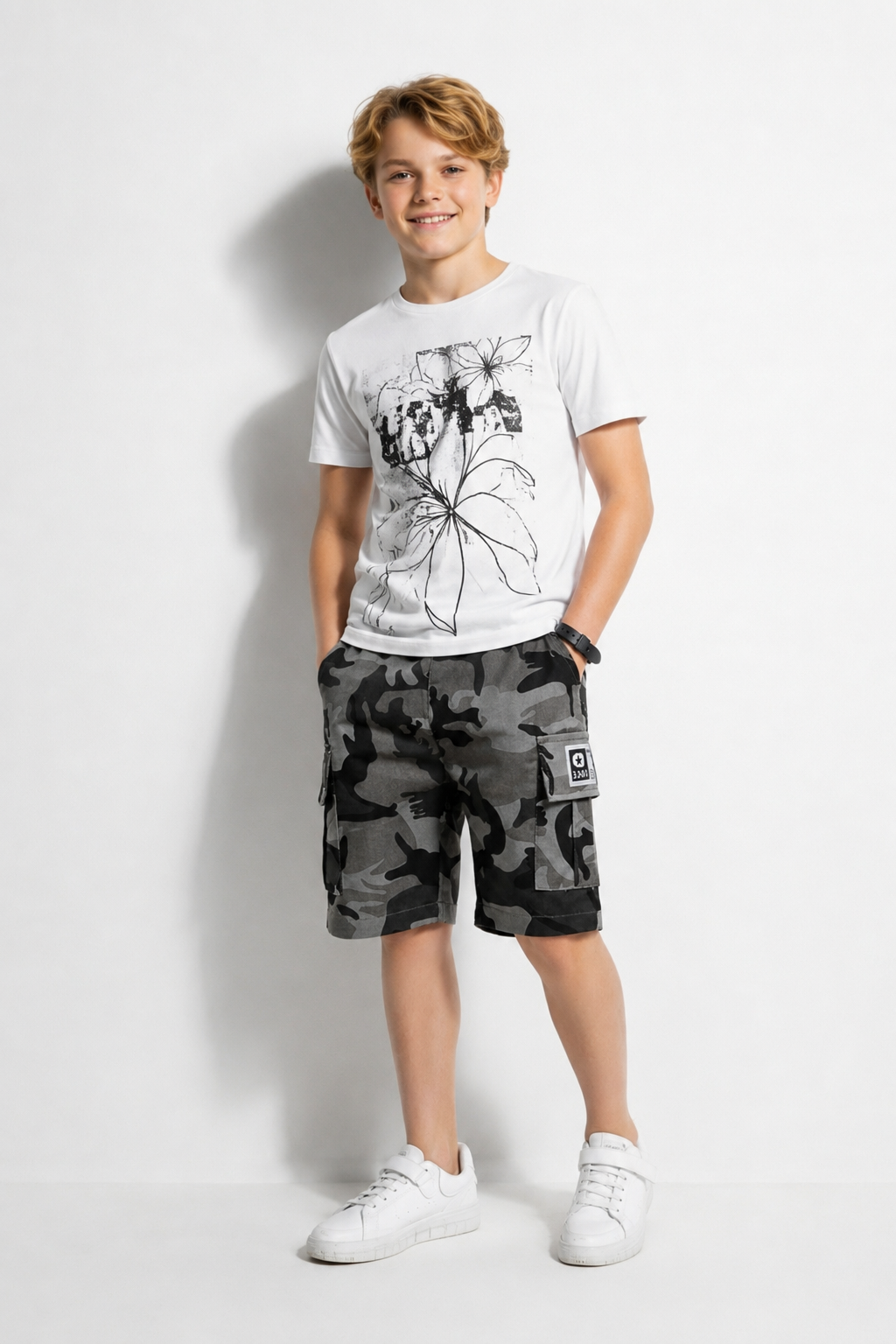 SHORT CARGO ENFANT CAMOUFLAGE GRIS