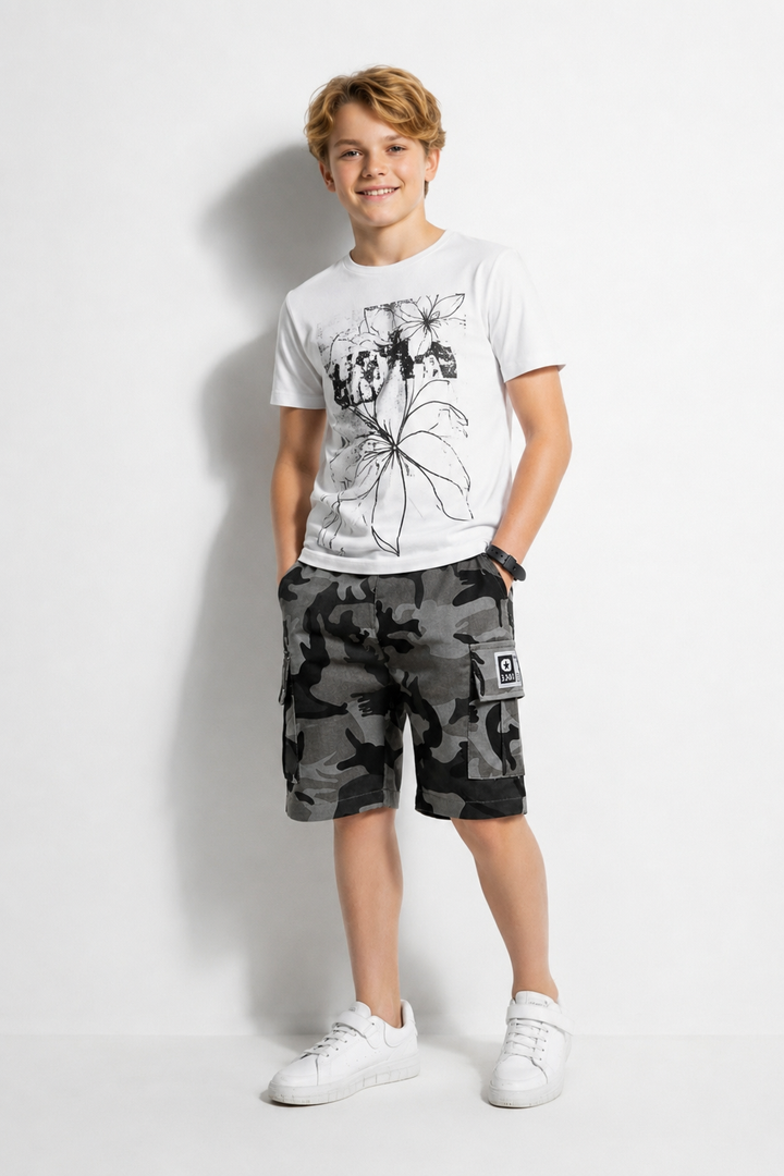 SHORT CARGO ENFANT CAMOUFLAGE GRIS