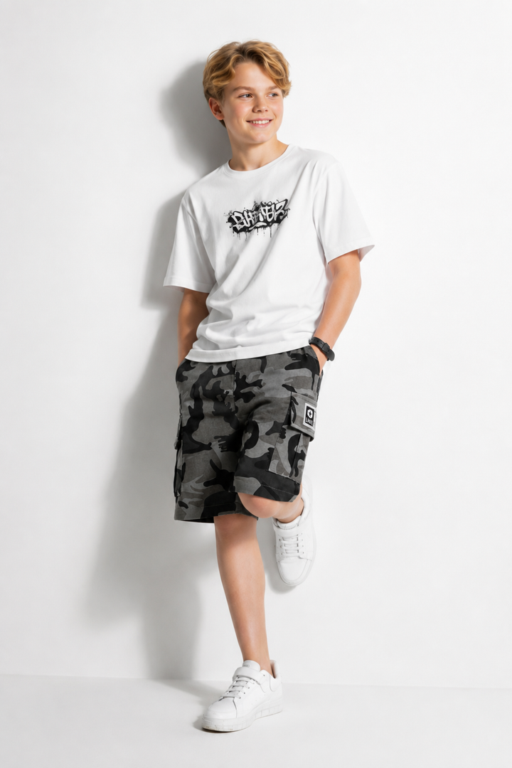 SHORT CARGO ENFANT CAMOUFLAGE GRIS urbain