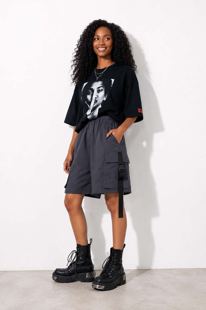 SHORT CARGO FEMME LONG gris à sangle