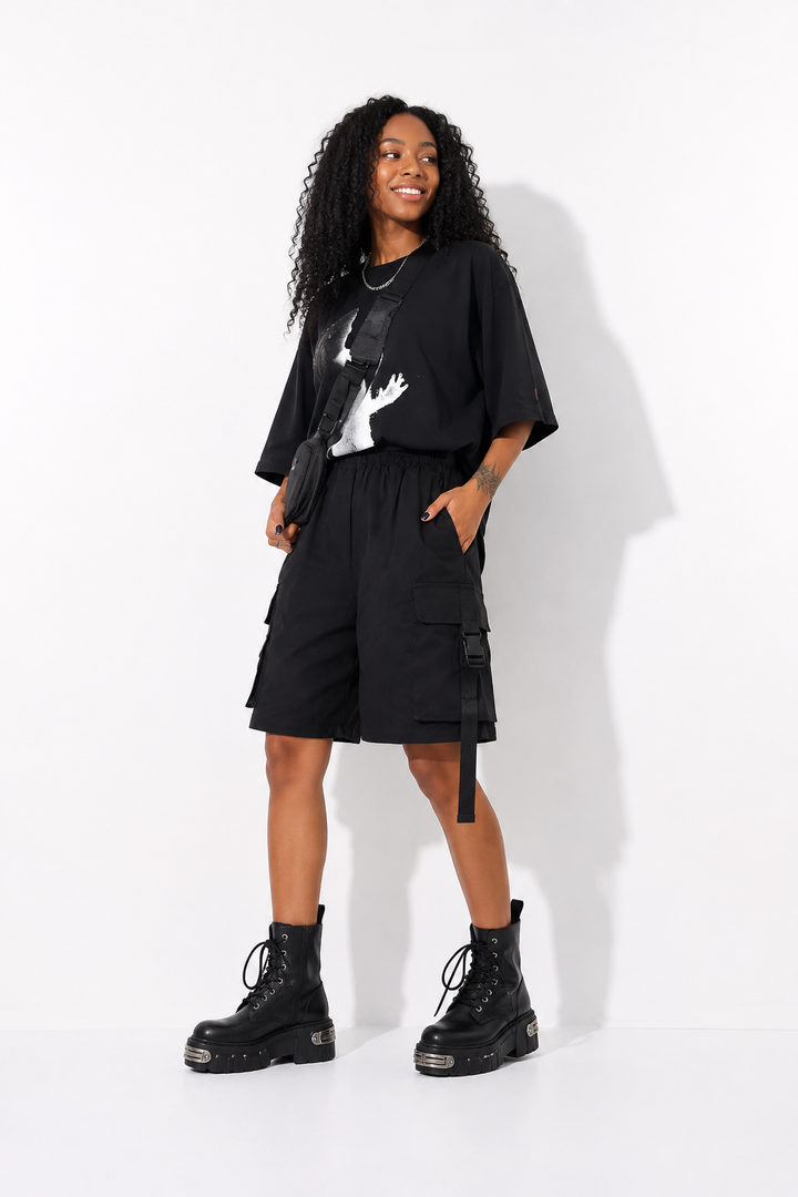SHORT CARGO FEMME LONG noir à sangle
