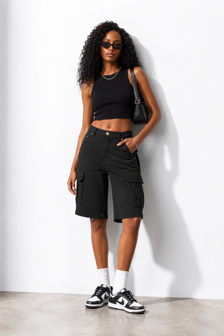 SHORT CARGO FEMME NOIR ÉLASTIQUE
