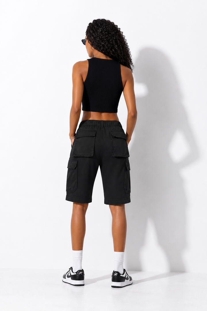 SHORT CARGO FEMME NOIR ÉLASTIQUE de dos