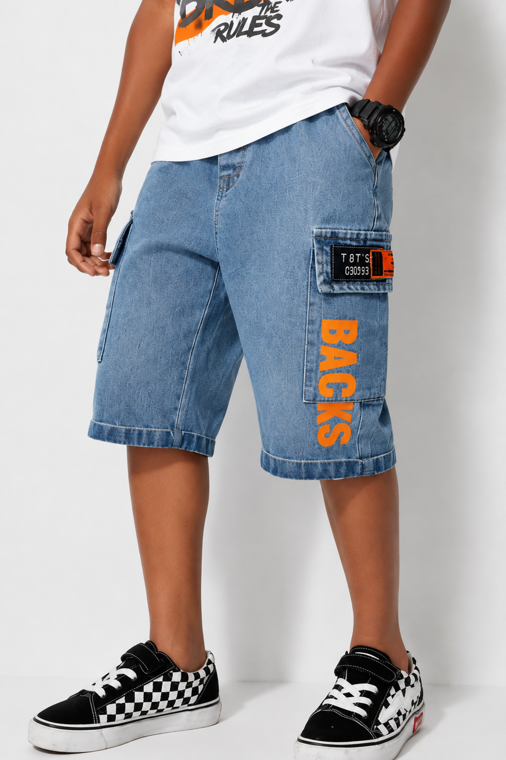 Short cargo enfant en jean bleu délavé 90s