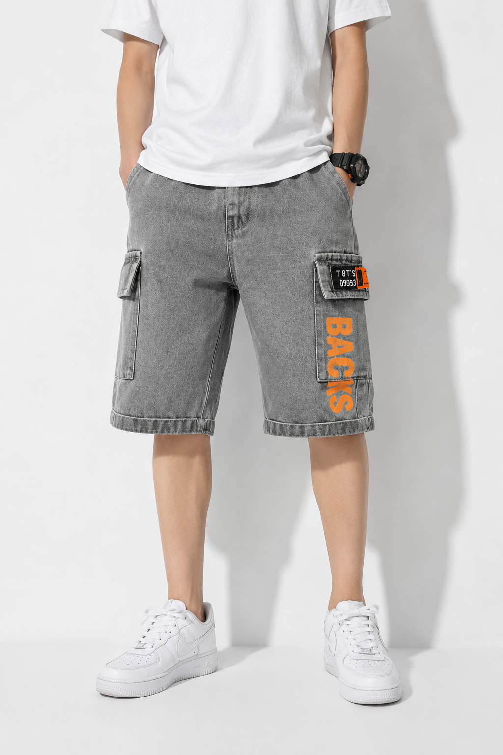 Short cargo enfant en jean bleu délavé gris