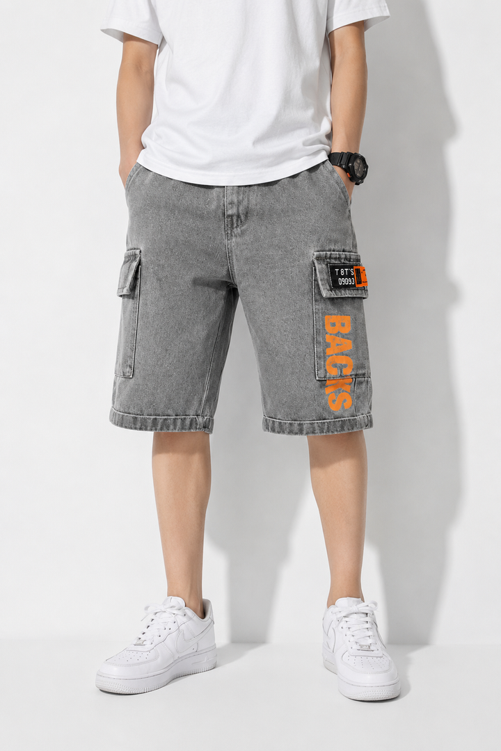 Short cargo enfant en jean bleu délavé gris