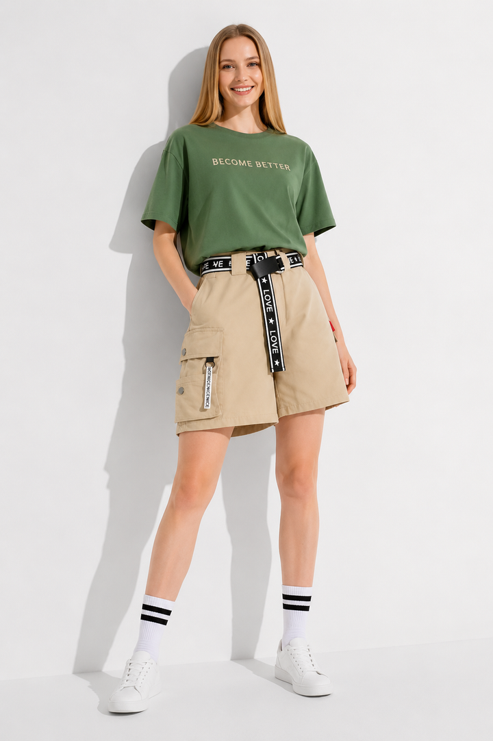 Short cargo femme taille haute beige
