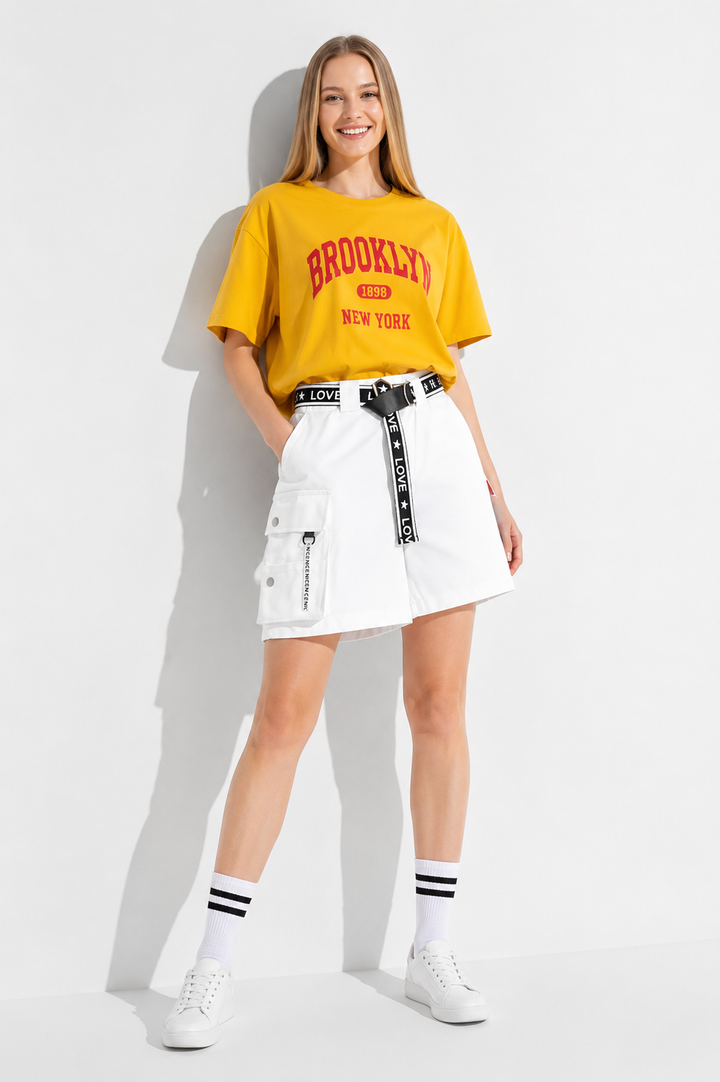 Short cargo femme taille haute blanc