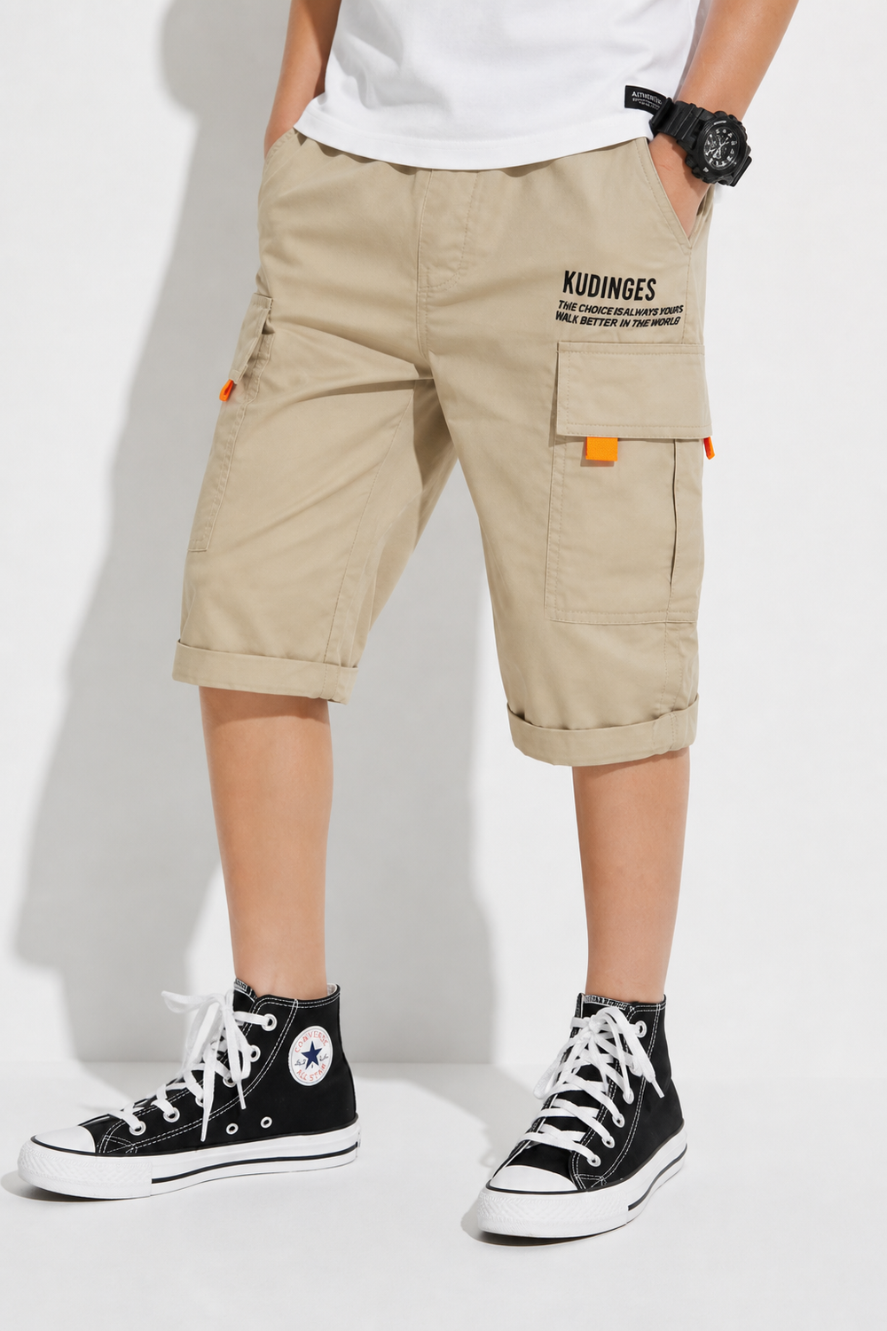 Short cargo long pour garçon beige