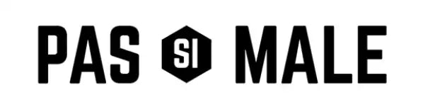 Logo noir « pas si male » avec un emblème hexagonal entre les mots.