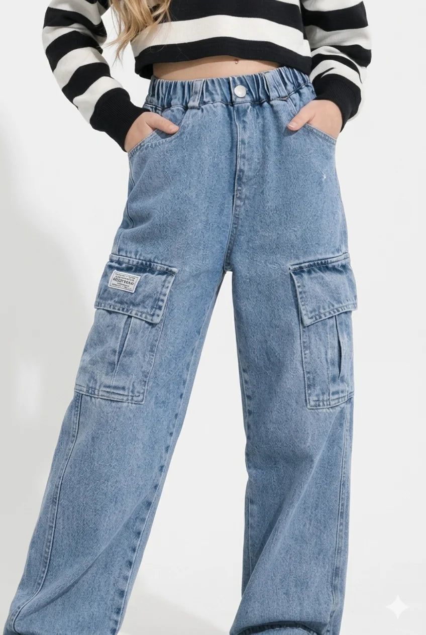 Pantalon Cargo Fille 6-16 Ans – Jean Large Taille Élastique Poches Amples Streetwear Décontracté Y2K