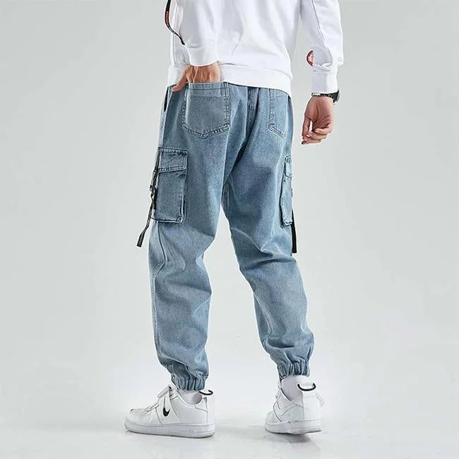 pantalon cargo jean homme bleu de dos