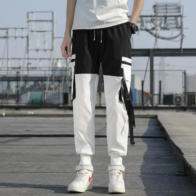 Pantalon cargo homme sport hip-hop uni poche noir et blanc