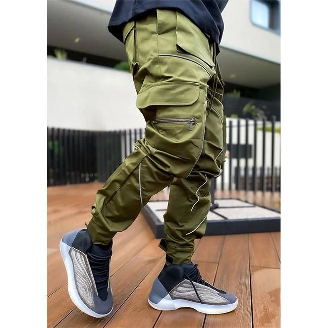 pantalon cargo réfléchissant kaki de profil